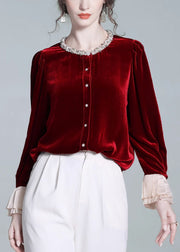 French Red Zircon Button Patchwork Silk Velour Shirt Flare Sleeve