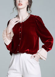 French Red Zircon Button Patchwork Silk Velour Shirt Flare Sleeve