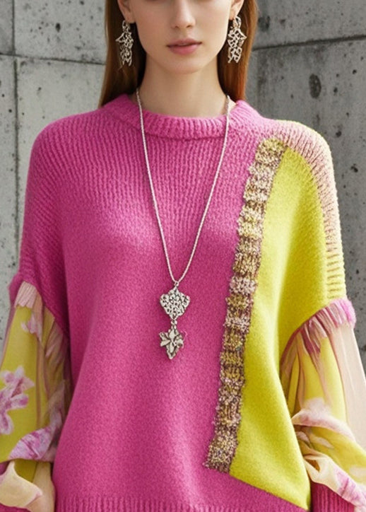 French Rose Asymmetrical Patchwork Short Sweater Fall