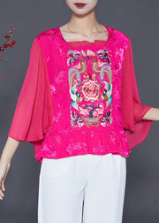 French Rose Embroideried Patchwork Silk Blouses Cloak Sleeves