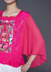 French Rose Embroideried Patchwork Silk Blouses Cloak Sleeves