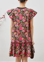 French Rose Floral Cotton Mini Dresses Petal Sleeve