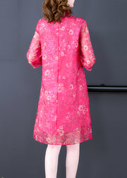 French Rose Stand Collar Print Silk Dress Half Sleeve