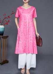 French Rose V Neck Print Chiffon Mid Dresses Summer