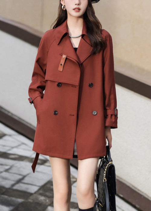 French Rust Double Breast Tie Waist Pockets Cotton Coat Fall