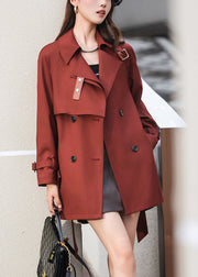 French Rust Double Breast Tie Waist Pockets Cotton Coat Fall