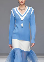 French Sea Blue V Neck Patchwork Tulle Sweater Dress Winter