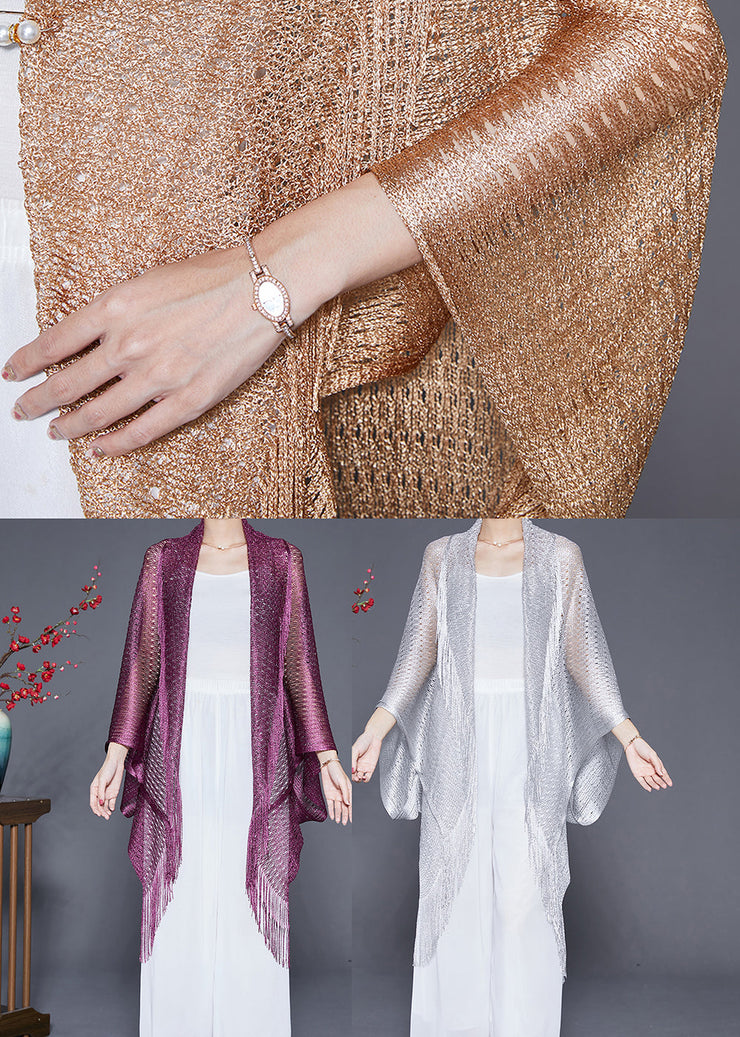 French Silver Hollow Out Tasseled Knit Cardigan Fall