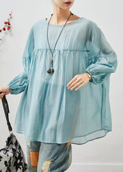 French Sky Blue Oversized Bow Cotton Blouse Top Summer