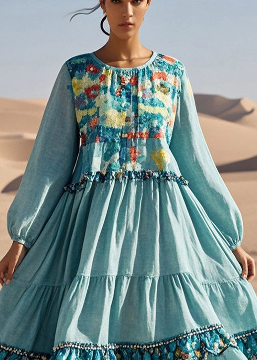 French Sky Blue Ruffled Print Cotton Long Dress Fall