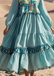 French Sky Blue Ruffled Print Cotton Long Dress Fall