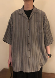 French Striped Button Pockets Cotton Mens Shirts Summer