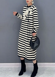 French Striped O-Neck Floral Side Open Holiday Long Dress Long Sleeve