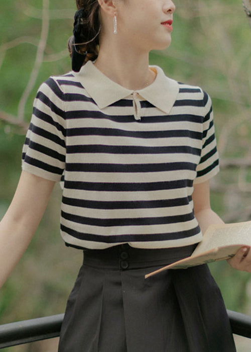 French Striped Peter Pan Collar Button Cotton Knit Top Summer