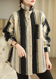 French Striped Peter Pan Collar Button Woolen Coat Long Sleeve