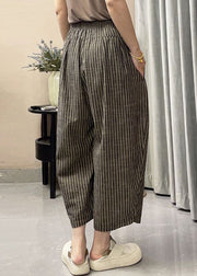 French Striped Pockets Elastic Waist Cotton Crop Pants Summer