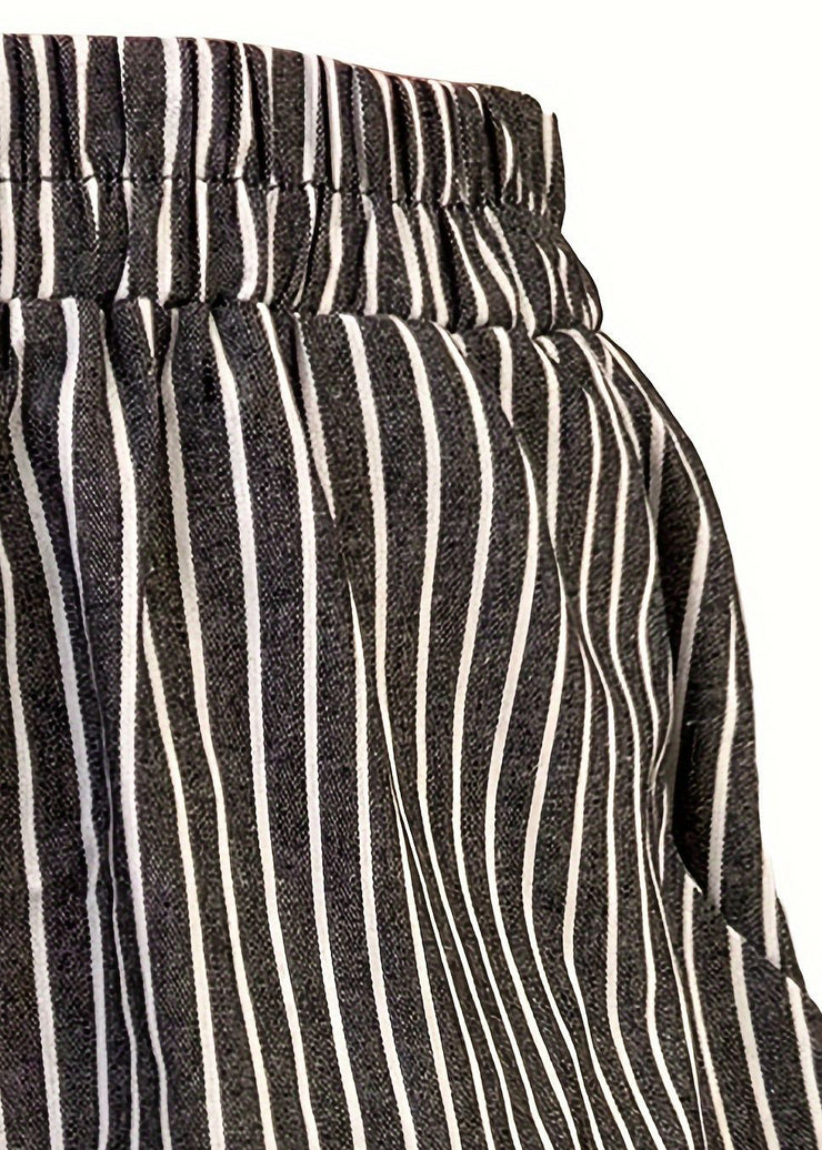 French Striped Pockets Elastic Waist Cotton Shorts Summer
