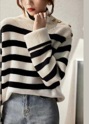 French Striped Turtleneck Patchwork Cozy Knit Sweaters Long Sleeve