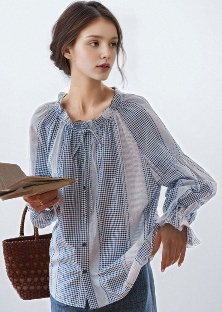 French Style Blue Ruffled Patchwork Cotton Blouses Fall