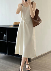 French Style White U Neck Cotton Long Dresses Sleeveless