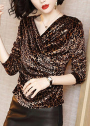 French V Neck Print Silk Velour Top Long Sleeve