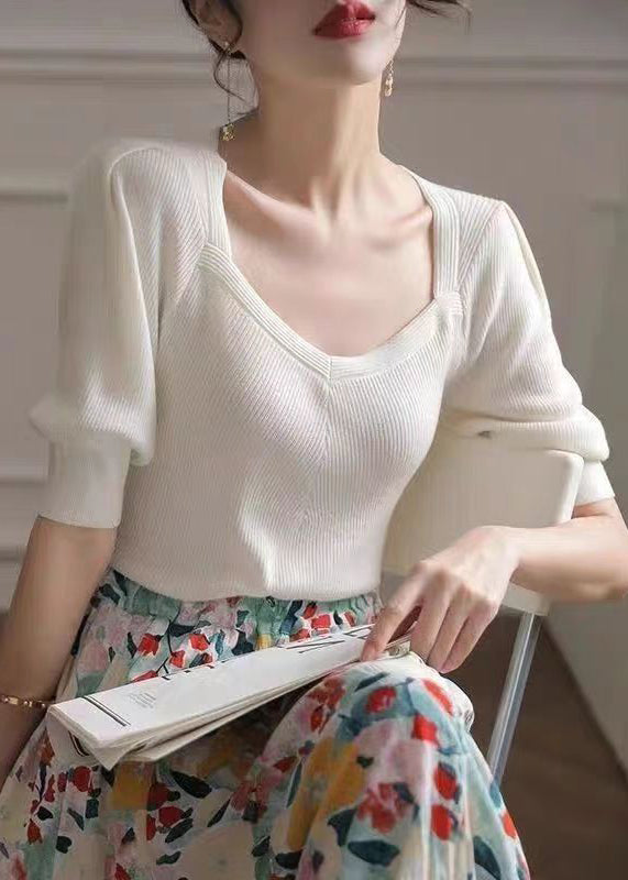 French Versatile White Square Collar Ice Silk Knit Pullover Fall