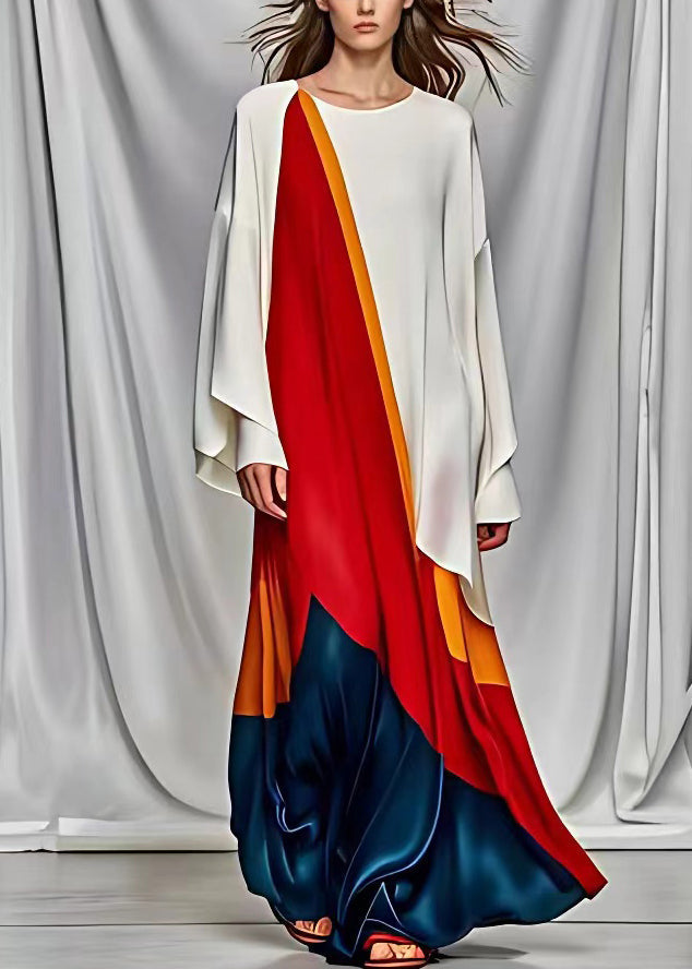 French White Asymmetrical Design Patchwork Silk Maxi Dresses Long Sleeve