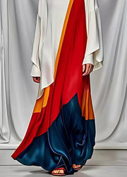 French White Asymmetrical Design Patchwork Silk Maxi Dresses Long Sleeve