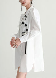 French White Asymmetrical Patchwork Applique Cotton Long Shirts Fall