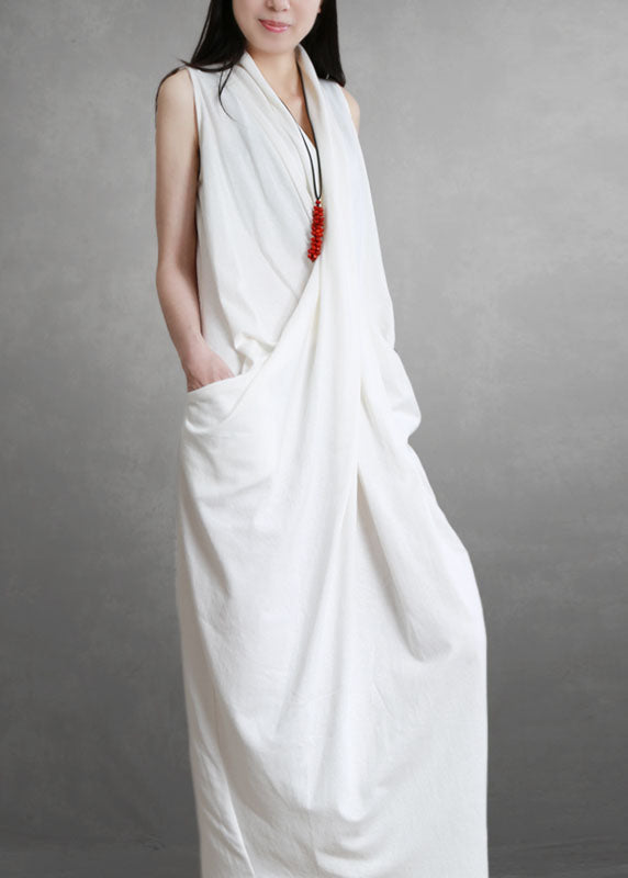 French White Asymmetrical Wrinkled Patchwork Cotton Dresses Summer