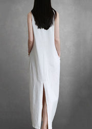 French White Asymmetrical Wrinkled Patchwork Cotton Dresses Summer