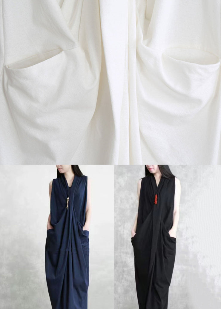 French White Asymmetrical Wrinkled Patchwork Cotton Dresses Summer