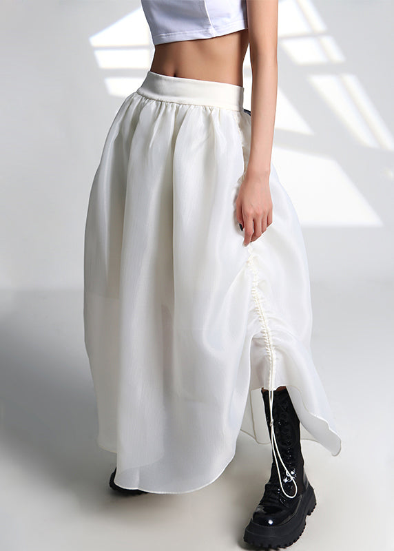 French White Drawstring High Waist Tulle Skirt Summer