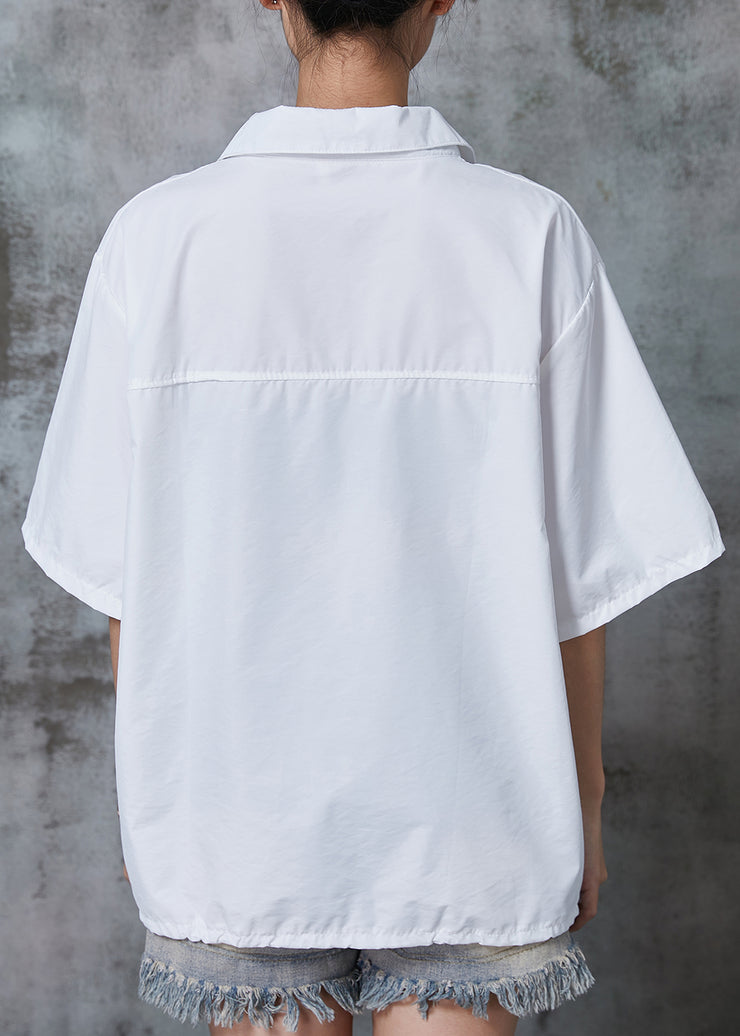 French White Drawstring Pocket Cotton Sweatshirts Tops Summer