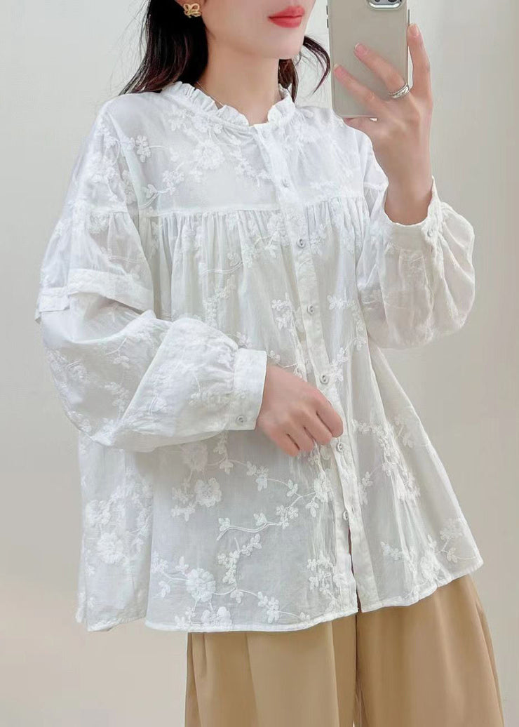 French White Embroidered Button Cotton Shirt Long Sleeve