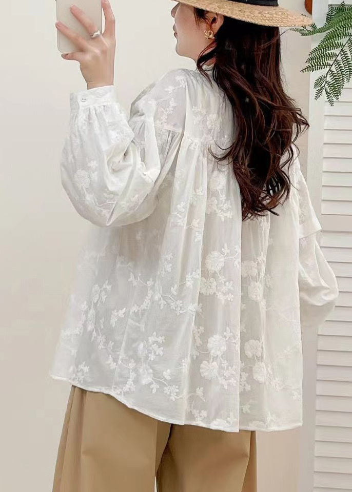 French White Embroidered Button Cotton Shirt Long Sleeve