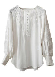 French White Embroidered Button Cotton Shirts Lantern Sleeve