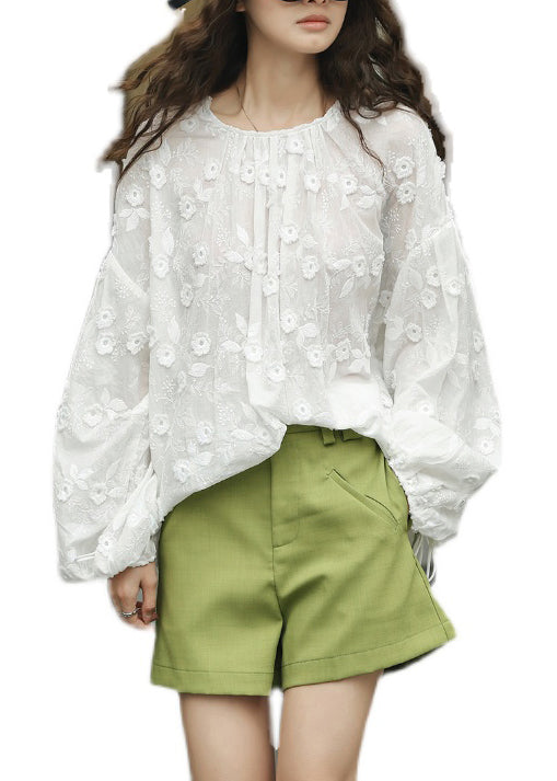 French White Embroideried Lace Up Patchwork Cotton Shirt Top Lantern Sleeve