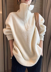 French White Hign Neck Zippered Faux Fur Pullover Sweatshirt Spring