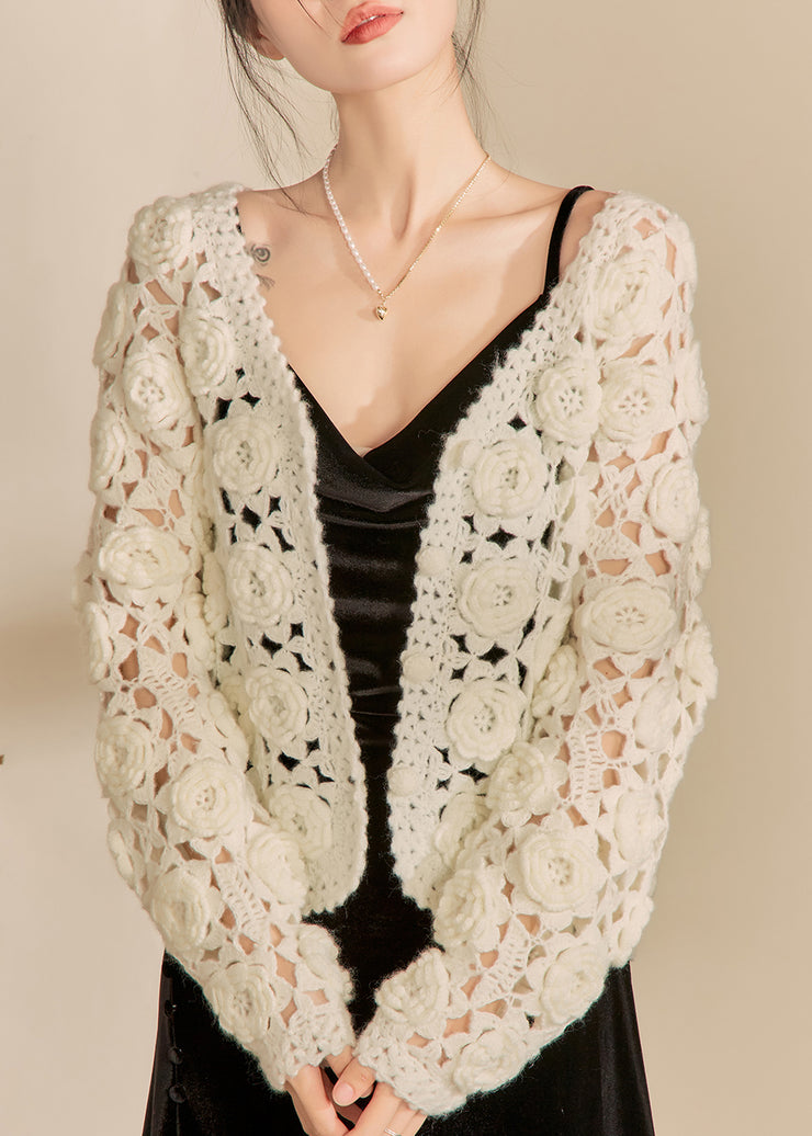 French White Hollow Out Cotton Knit Cardigan Fall