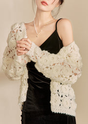 French White Hollow Out Cotton Knit Cardigan Fall