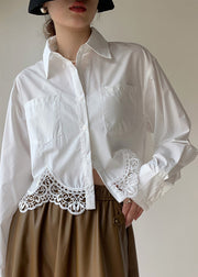 French White Hollow Out Embroideried Patchwork Cotton Shirt Top Fall