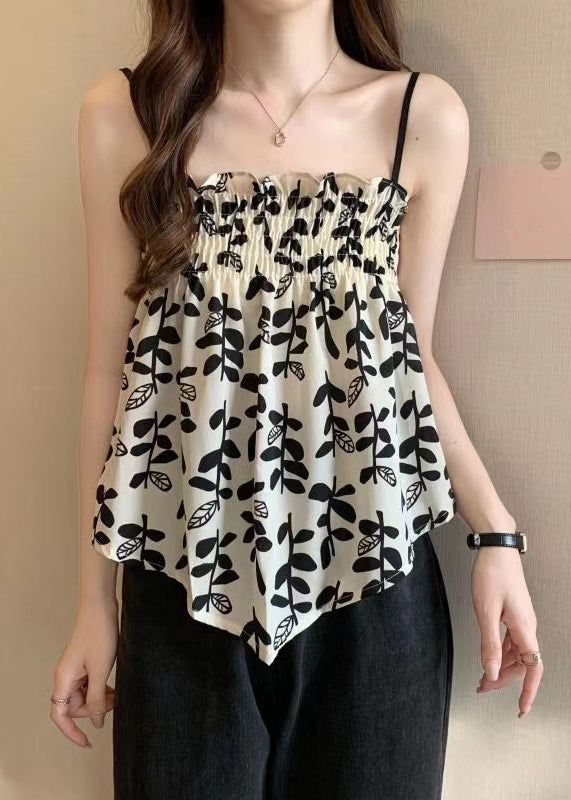 French White Irregular Printed Ruffled Suspender Tank Summer