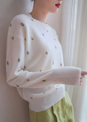 French White O Neck Embroidered Knit Sweater Fall