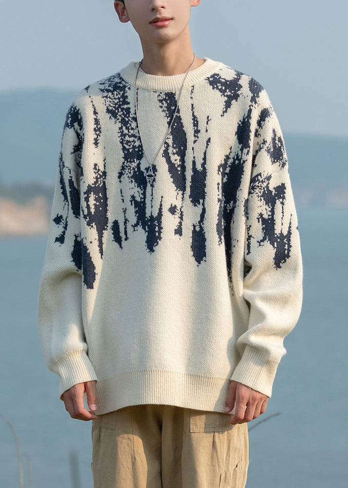 French White O Neck Geometric Knit Mens Sweaters Fall