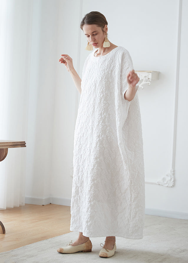 French White O Neck Jacquard Cotton Robe Vacation Dresses Summer