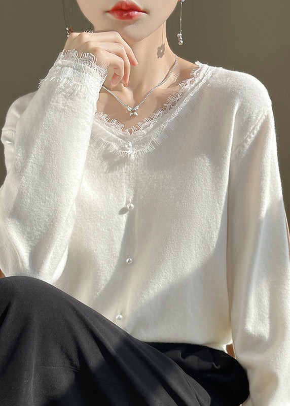 French White O-Neck Lace Patchwork Cotton Knit Sweater Fall