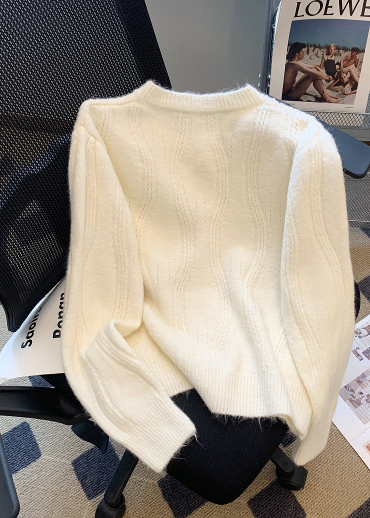 French White O Neck Nail Bead Woolen Sweaters Coat Fall