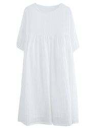 French White O-Neck Patchwork Maxi Dress Short Sleeve