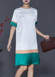 French White O-Neck Patchwork Silk Dress Summer